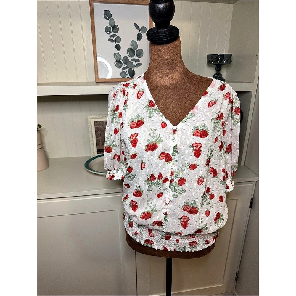 Joie Strawberry Floral Blouse White Red Swiss Dot Smocked Top Small NWT
